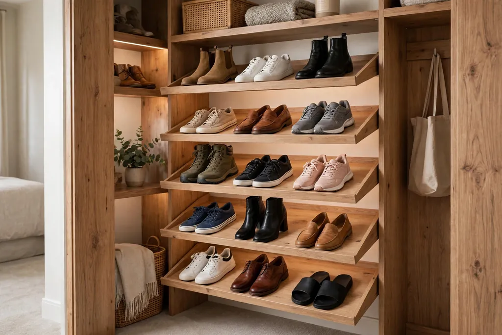 Closet shoe wall with angled shelves displaying pairs of shoes in rows.