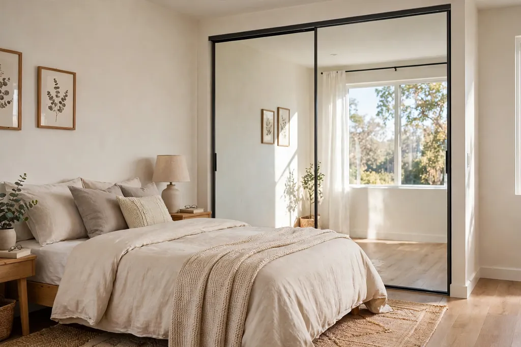 Bedroom closet with sliding mirrored doors reflecting daylight beside a made bed.