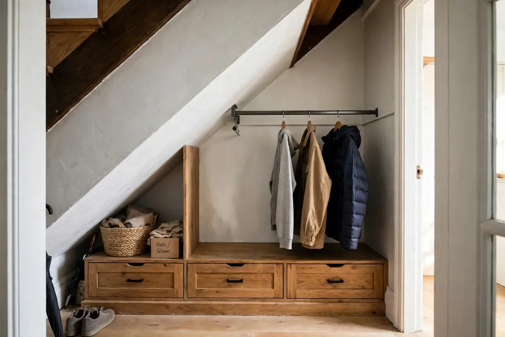 Under-stairs closet with low drawers under a sloped ceiling and a short hanging rail.