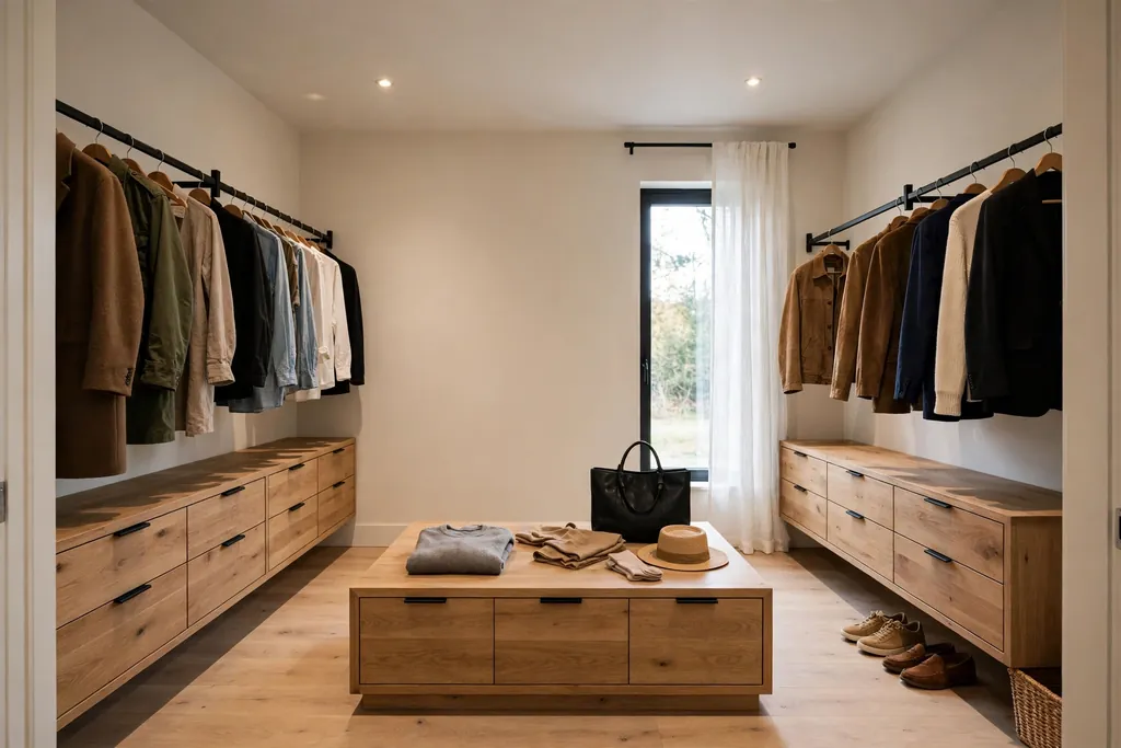 Walk-in closet with a low center island bench, wall rails with hanging clothes, and drawers.