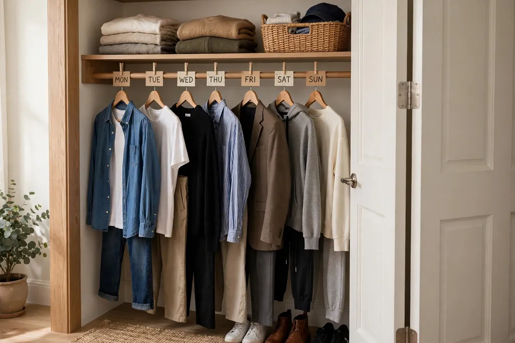 Short closet rail holding a week of outfits hung in day order near a closet door.