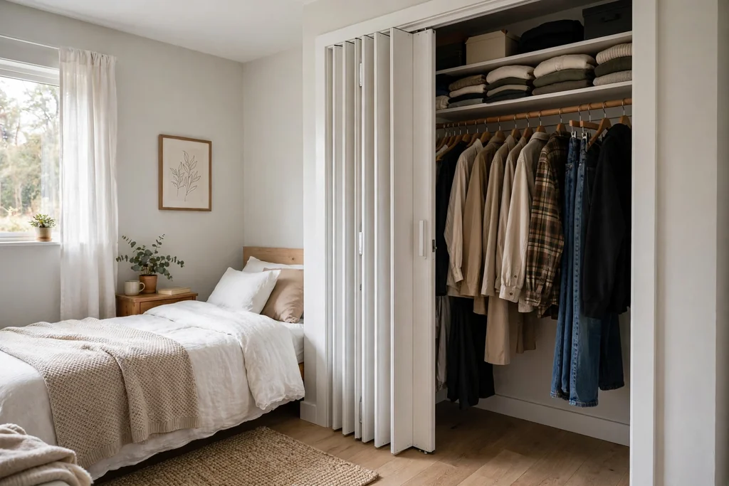 Small bedroom with white accordion folding closet doors folded to one side