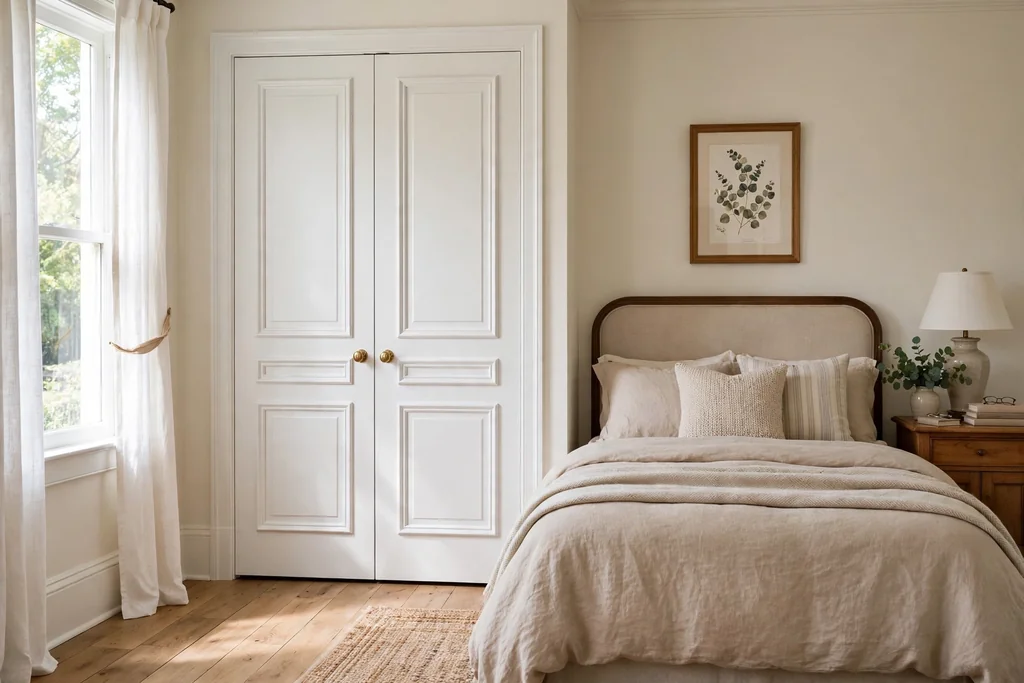 Bedroom with plain closet doors upgraded with applied picture frame molding trim painted white
