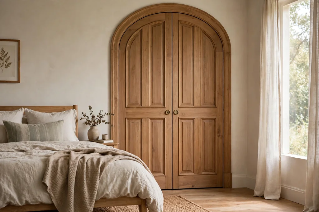 Bedroom with arched top closet doors with a curved top and paneled wood