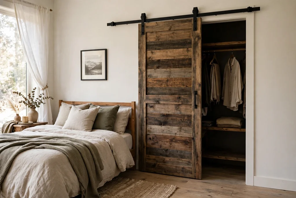 Bedroom with a rustic wood sliding barn closet door on a black metal track