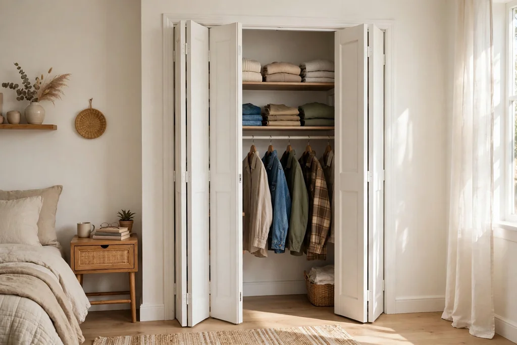 Bedroom corner with white bifold closet doors folded partly open showing shelves and hanging clothes