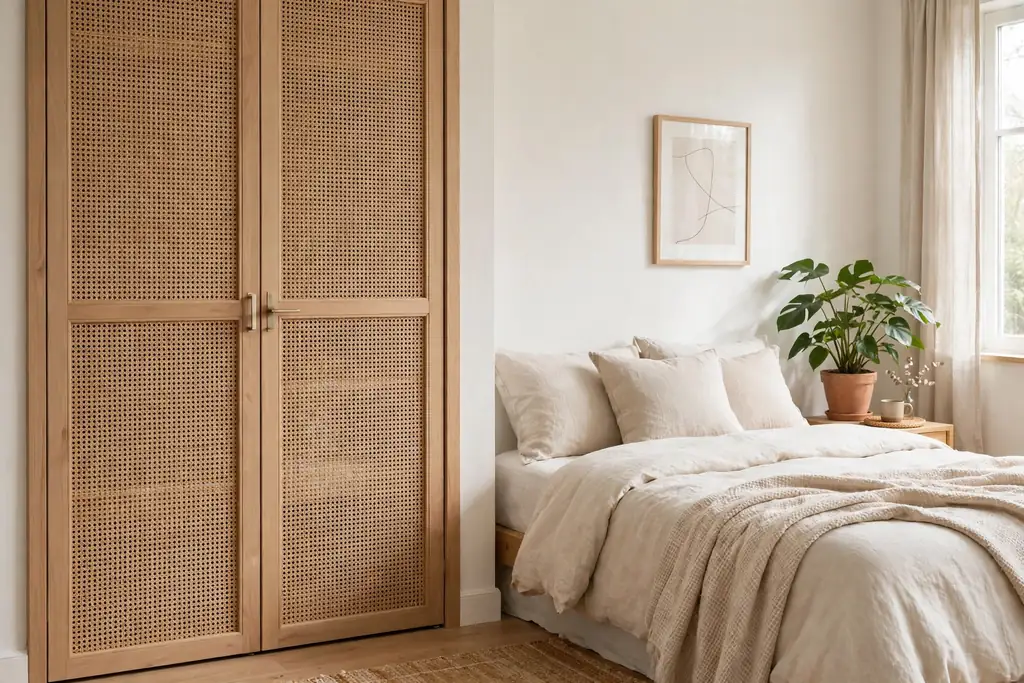 Bedroom with cane webbing closet doors in a light wood frame