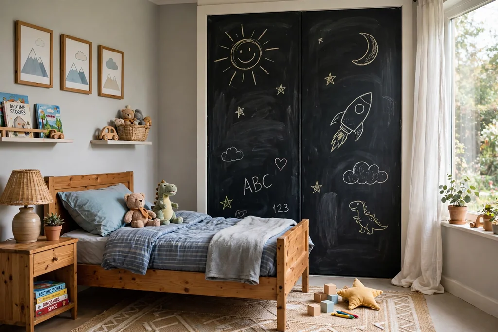 Kids bedroom with closet doors painted as a dark chalkboard panel with simple chalk drawings