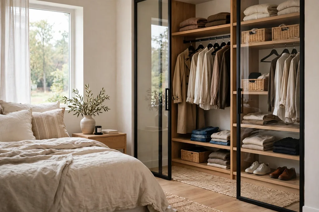 Bedroom dressing area with clear glass closet doors in a black frame showing neatly hung clothes and shelves