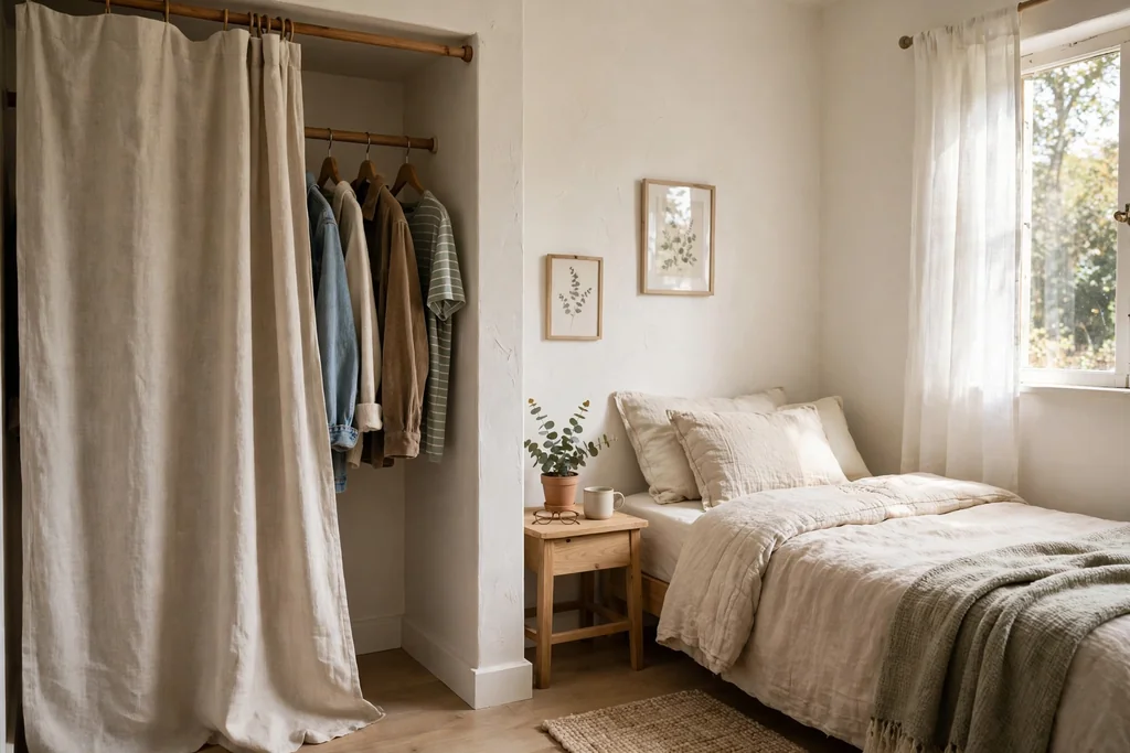 Small bedroom with an open closet covered by a plain linen curtain on a rod