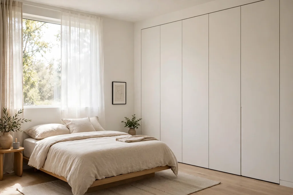 Modern minimal bedroom with flush handleless flat slab closet doors in warm white