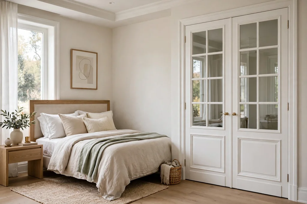 Bedroom with white French double closet doors with glass panels