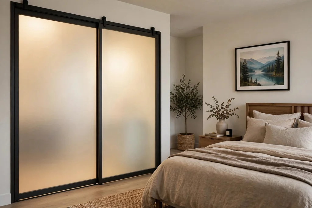 Modern bedroom with frosted glass sliding closet doors in a dark frame