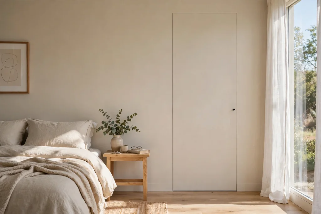 Bedroom wall painted one color with a hidden closet door blended into the wall