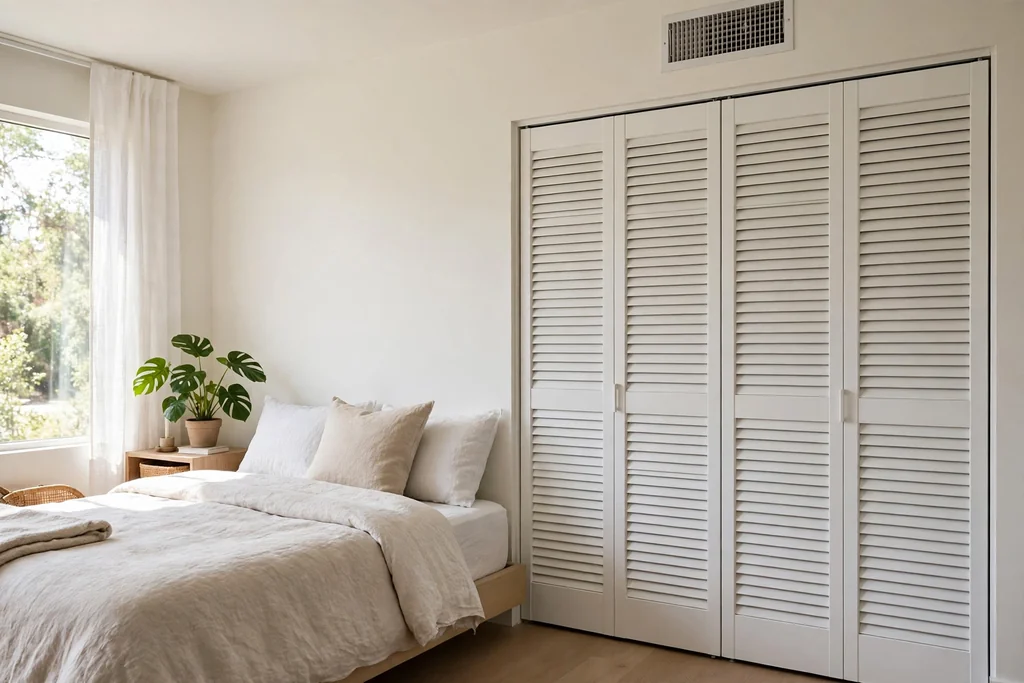 Bedroom with white louvered slatted closet doors