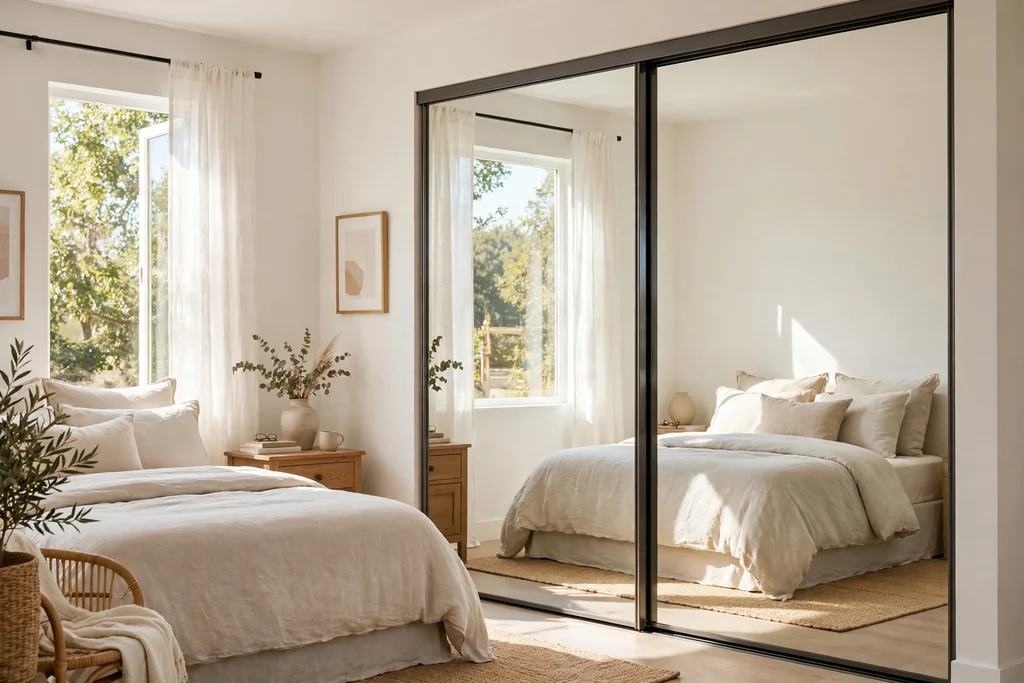 Bright bedroom with full-length mirrored sliding closet doors reflecting a bed and window light.
