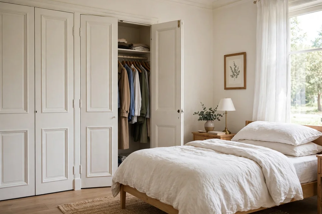 Bedroom with classic white paneled hinged closet doors