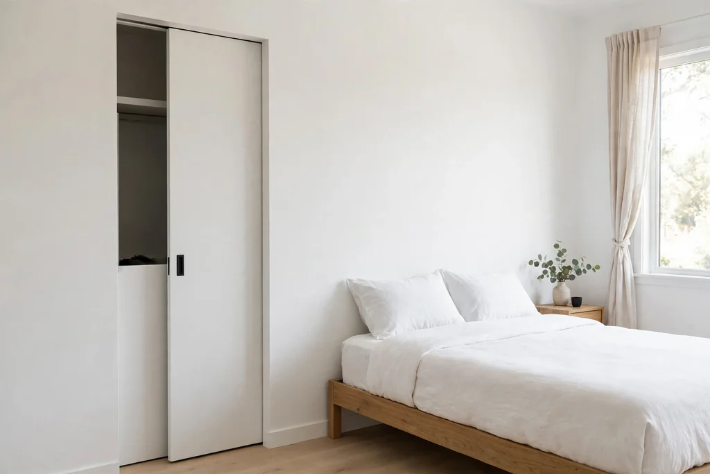 Minimal bedroom with a pocket closet door slid partly into the wall