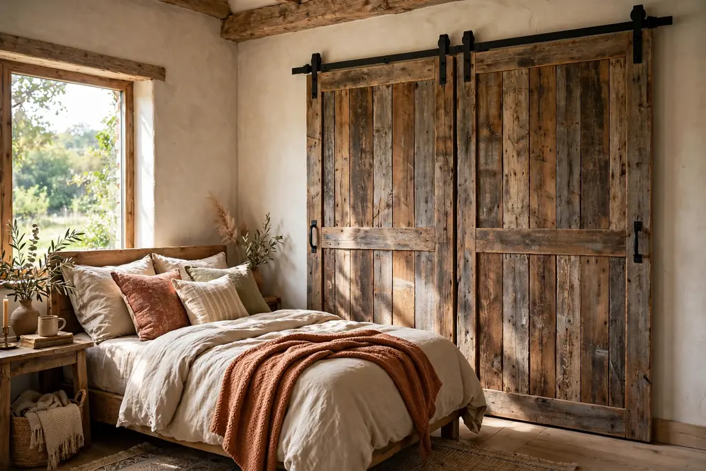 Rustic bedroom with reclaimed wood plank sliding closet doors in warm weathered tones