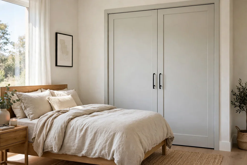 Bedroom with pale grey Shaker style flat panel closet doors with simple frames and black handles