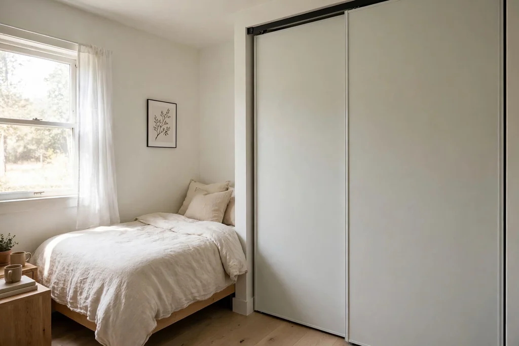 Small bedroom with plain sliding bypass closet doors on a track
