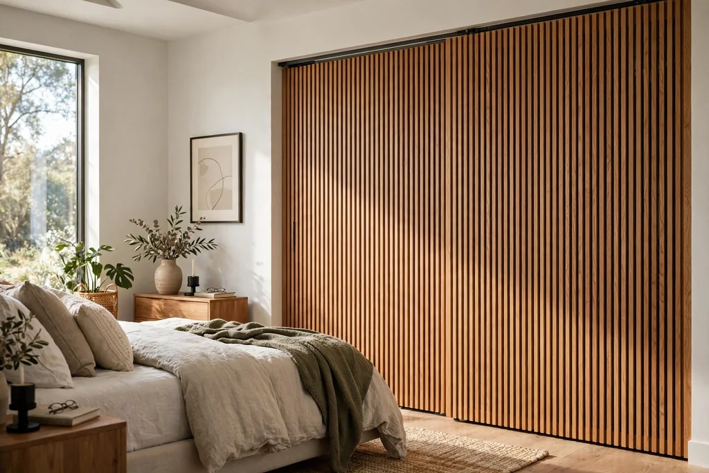 Modern bedroom with vertical wood slat sliding closet doors in warm oak