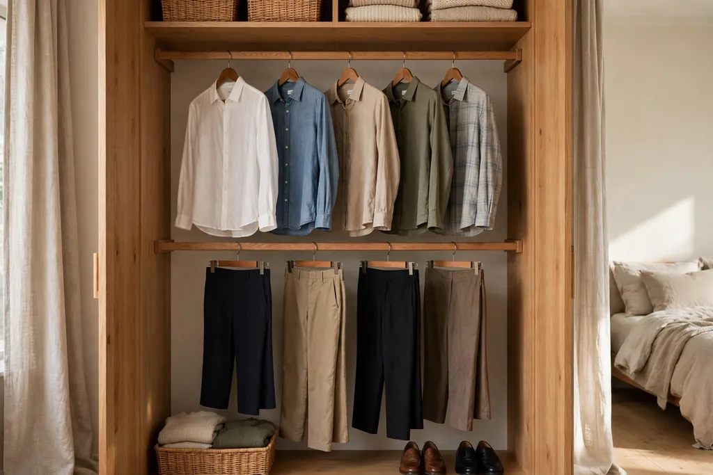 Bedroom closet with two hanging rails holding shirts on top and trousers below.