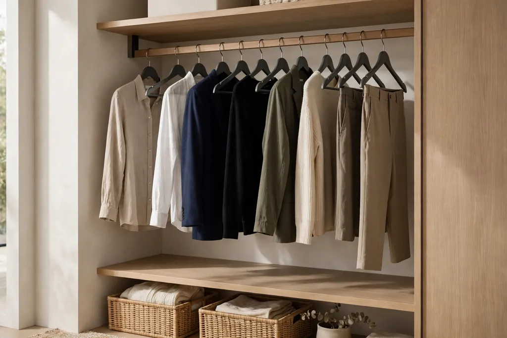 Closet rail with slim matching hangers holding neatly spaced clothes.