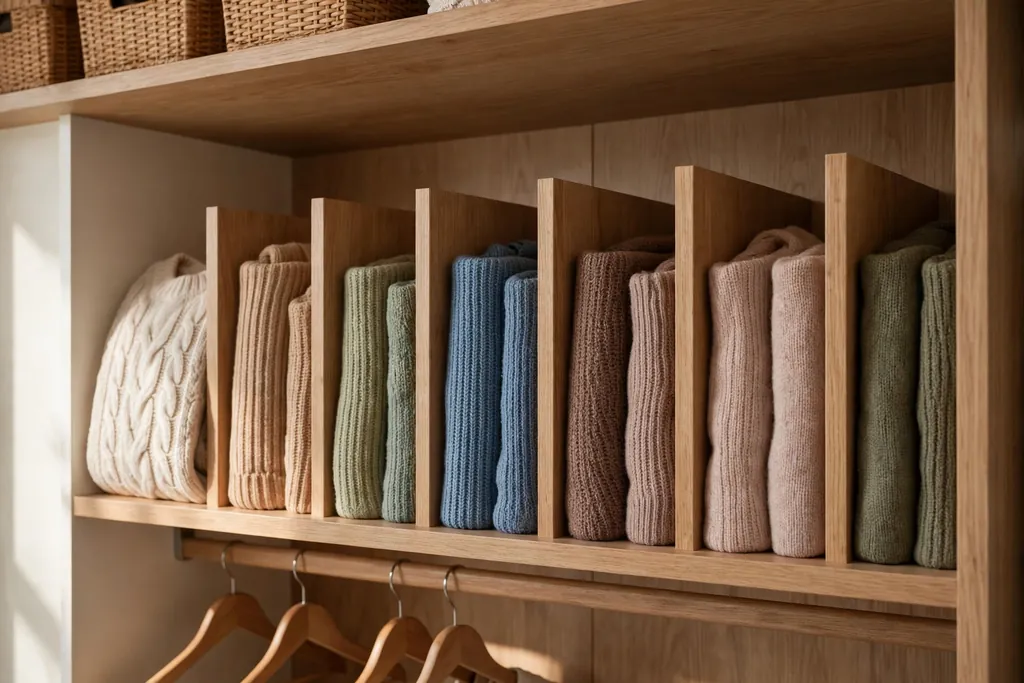 Closet shelf with dividers keeping folded knitwear stacks upright.