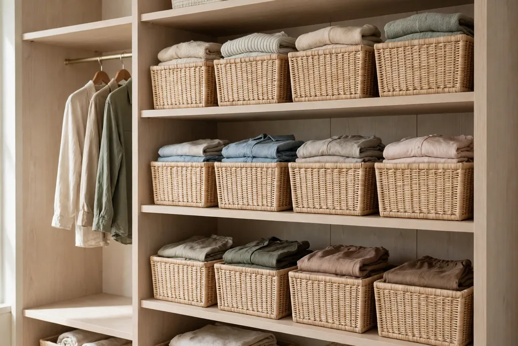 Closet shelves with matching labeled bins holding folded clothes.