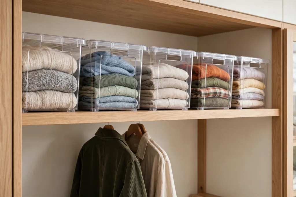 Top closet shelf with clear labeled bins holding seasonal clothes.