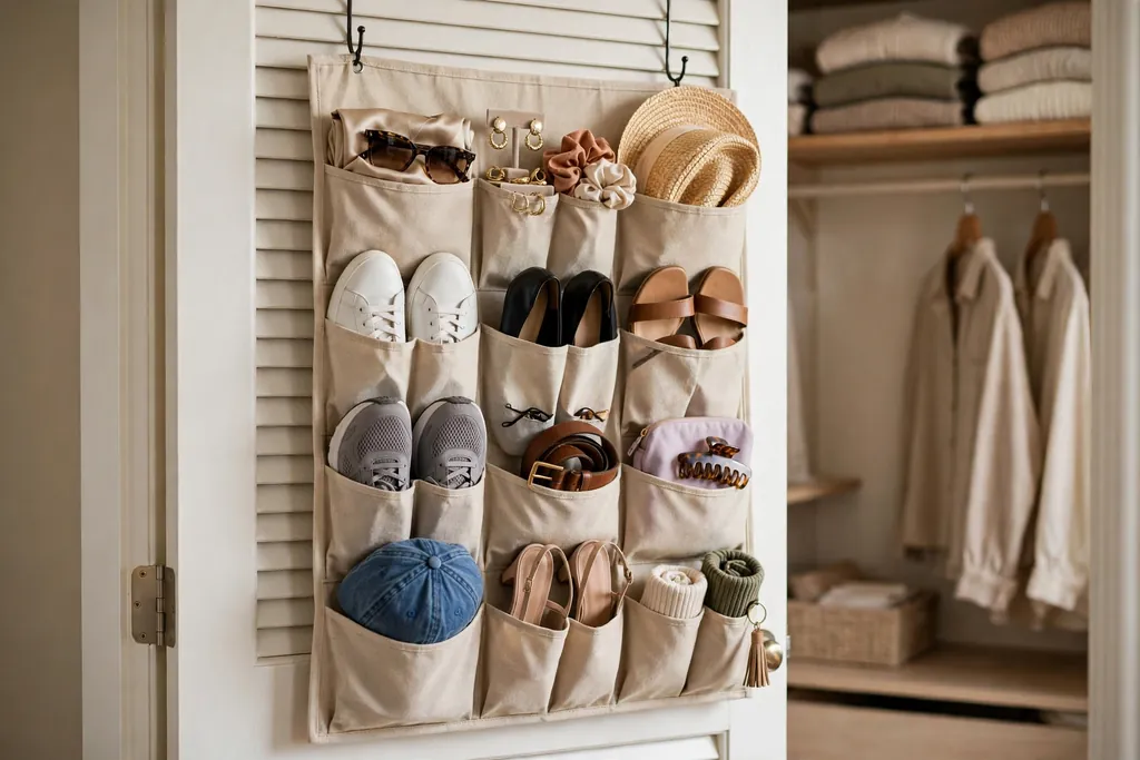 Inside of a closet door with a pocket organizer holding shoes and accessories.