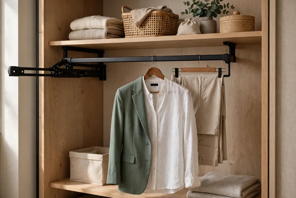 Closet shelf with a pull-out valet rod holding one planned outfit.