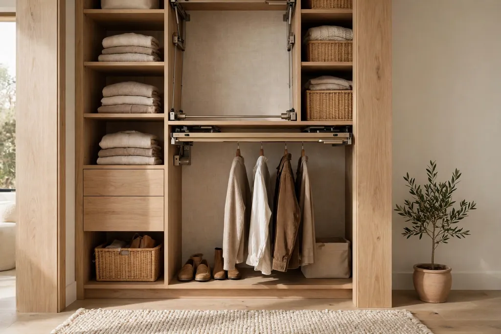 Tall closet with a pull-down rail lowered to hand height.