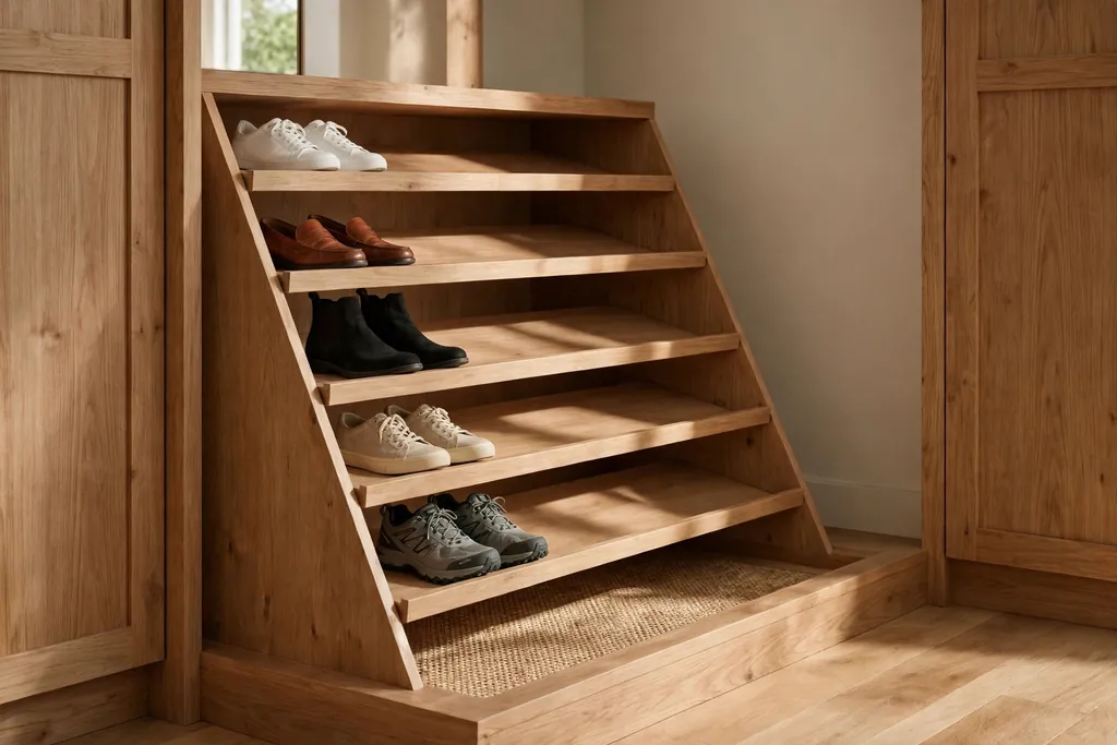 Closet base with slanted shoe shelves showing pairs of shoes.