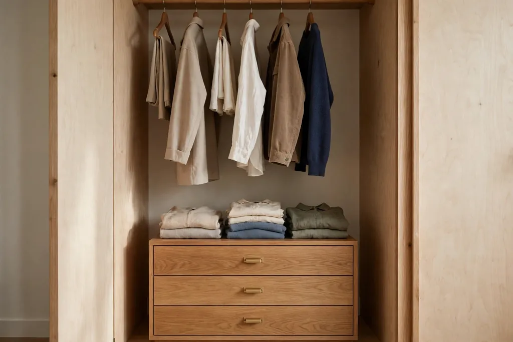 Small drawer unit at the base of a closet holding folded clothes.