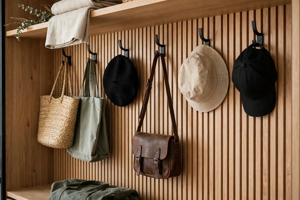 Closet side wall with hooks holding bags and hats.