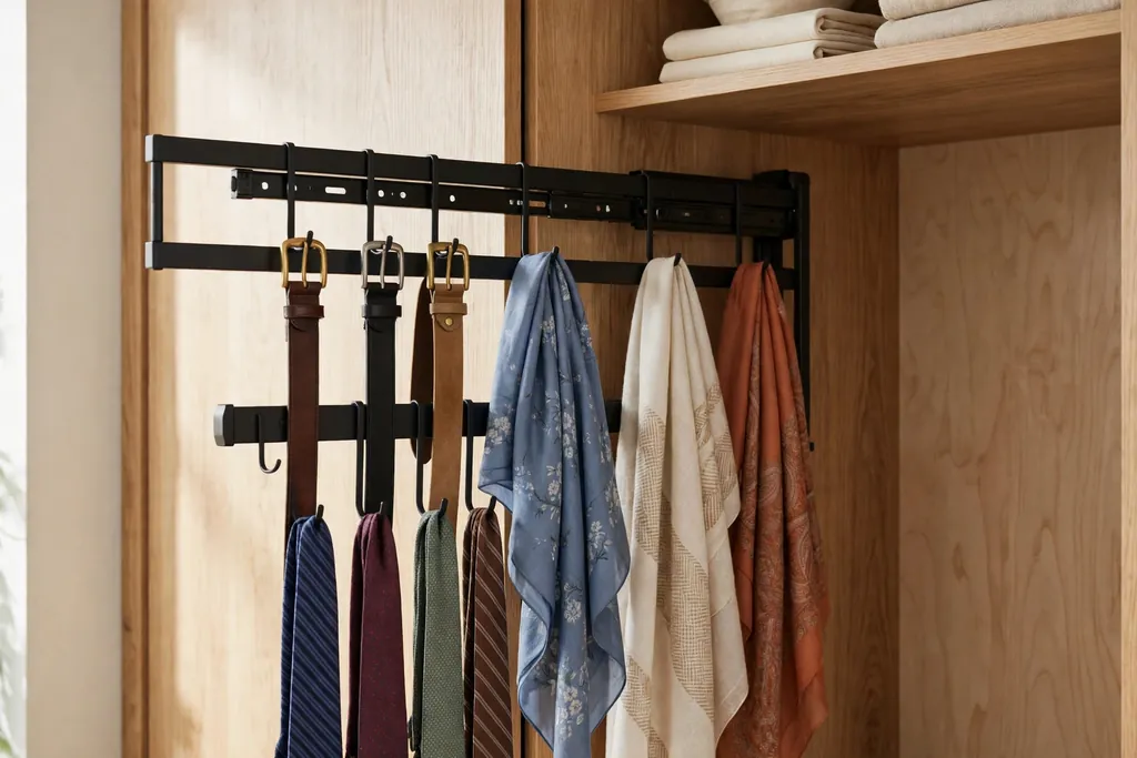 Closet side wall with a pull-out rack holding belts, scarves, and ties.