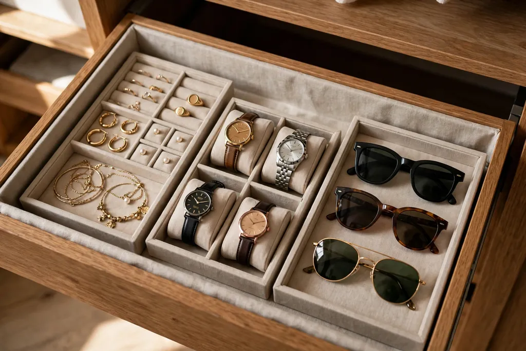 Open shallow closet drawer with trays holding jewelry, watches, and sunglasses.