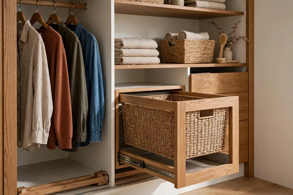 Bedroom closet with a pull-out laundry hamper bin beside hanging clothes.