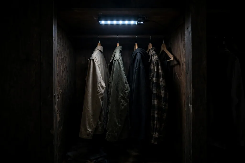 Dark closet lit by a small battery LED light bar above hanging clothes.