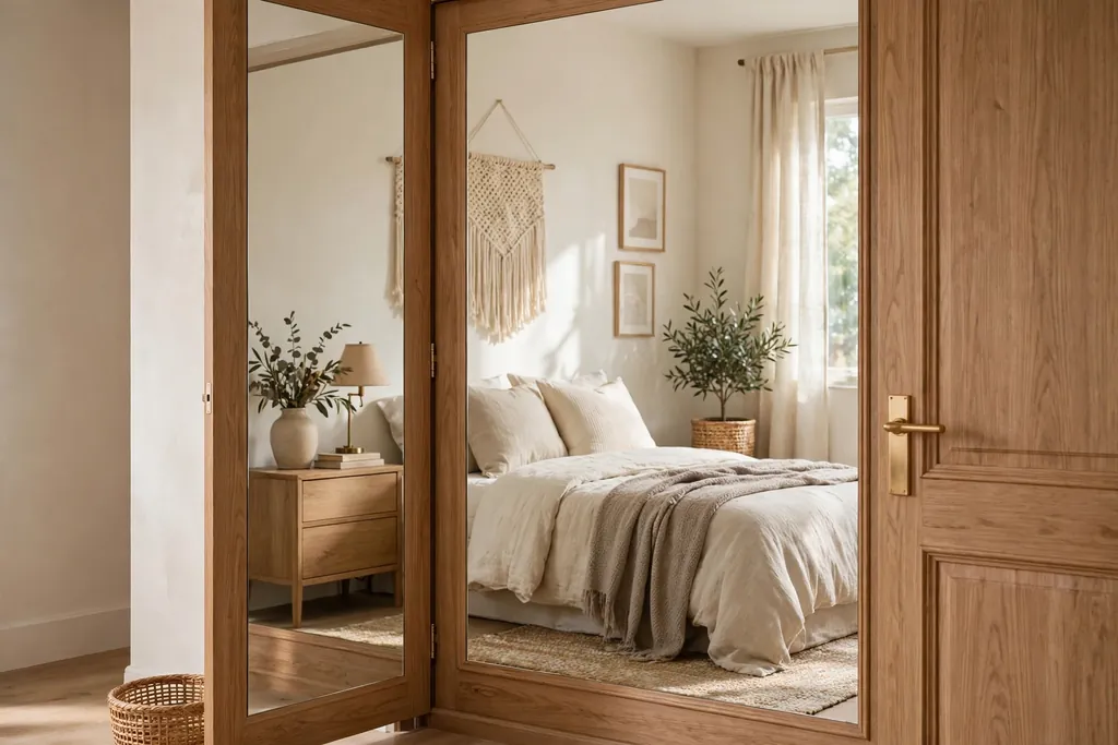 Closet door with a full-length mirror reflecting a tidy bedroom.