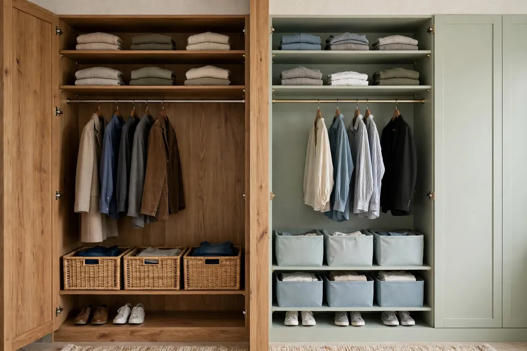 Shared closet split into two zones with separate rails, shelves, and bins.