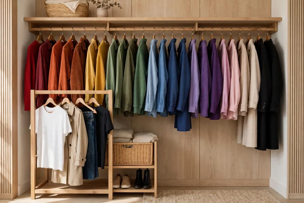 Closet rail with clothes hung in color order and a small front capsule section.