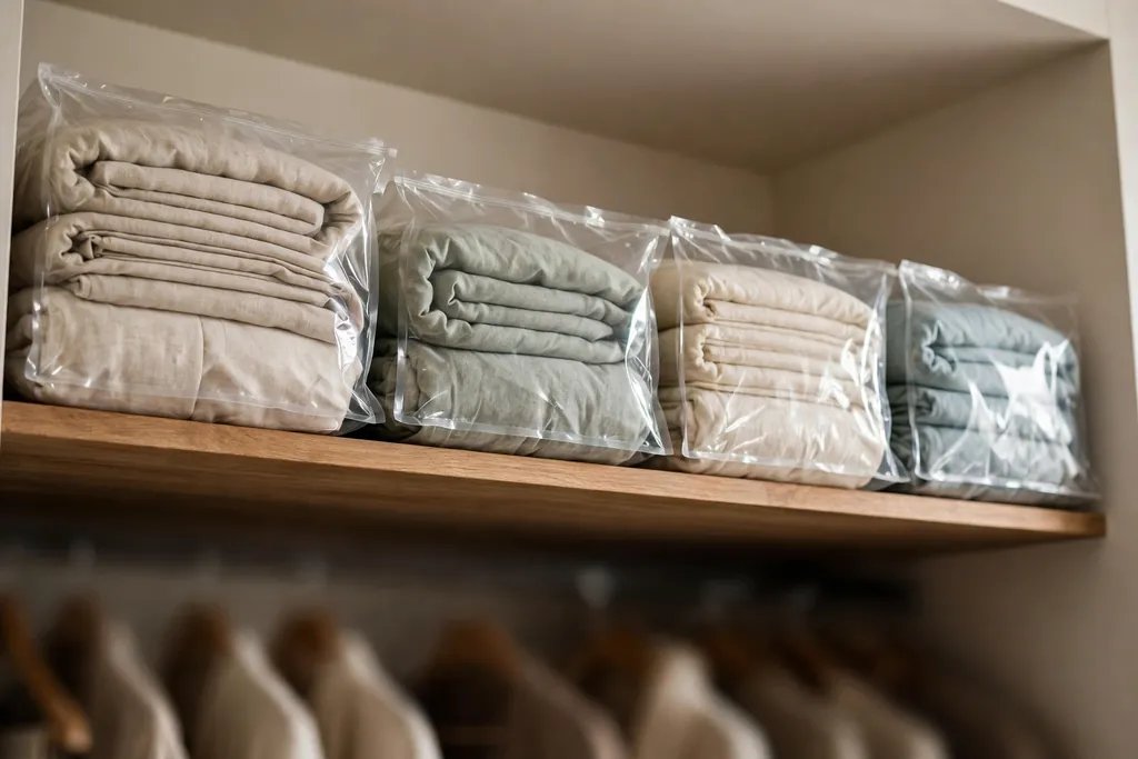 Top closet shelf with flat vacuum bags holding folded bedding.