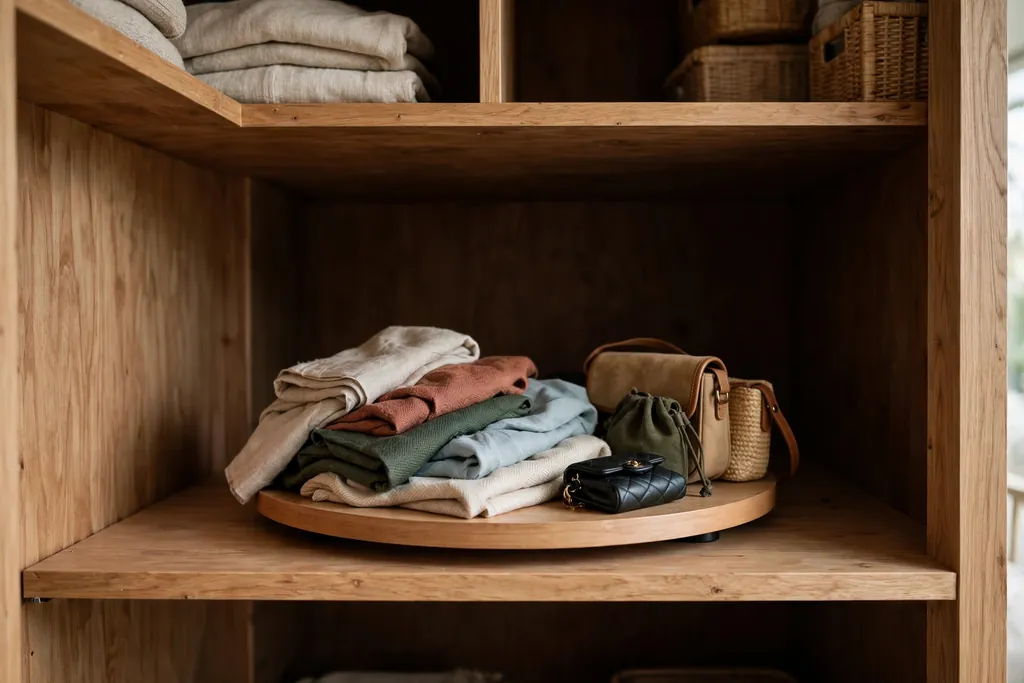 Deep closet shelf with a turntable holding scarves and small bags.