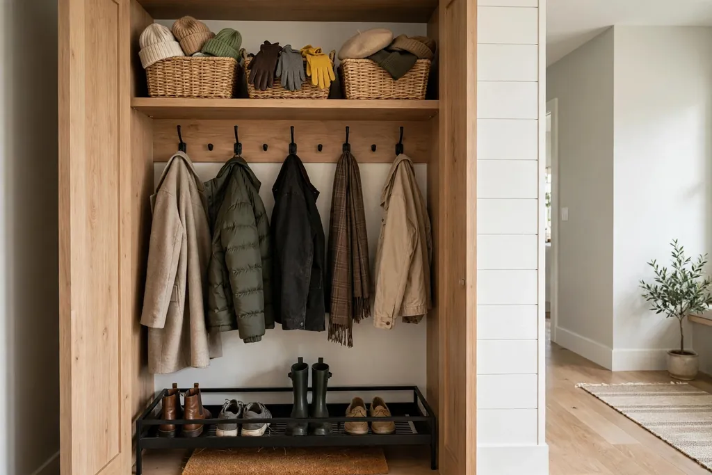 Hall coat closet with hooks, baskets for hats and gloves, and a shoe tray.