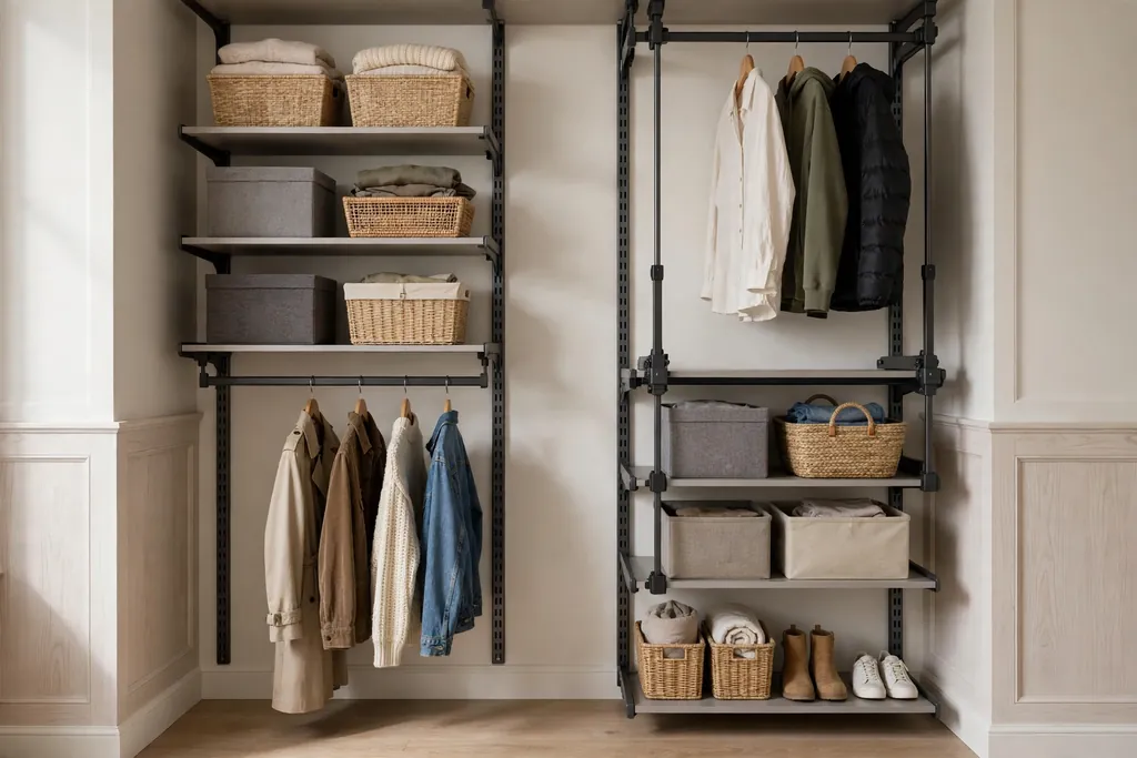 Closet with adjustable track-mounted rails and shelves holding clothes and bins.