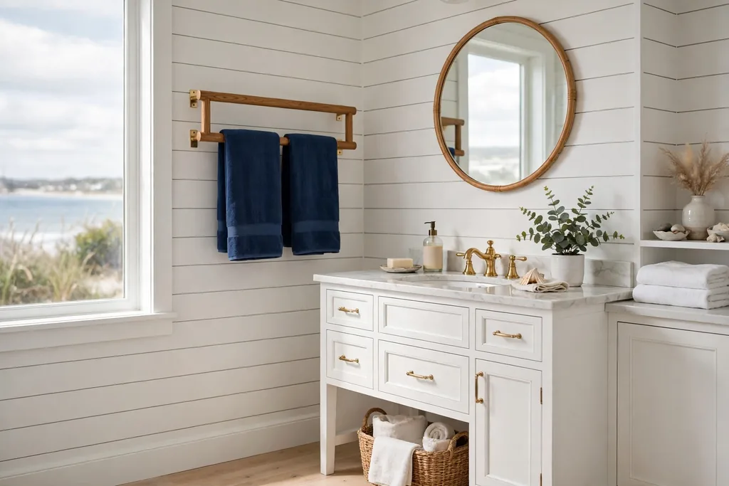 Coastal bathroom with white shiplap walls, navy towels on a wooden rail, and a white vanity.