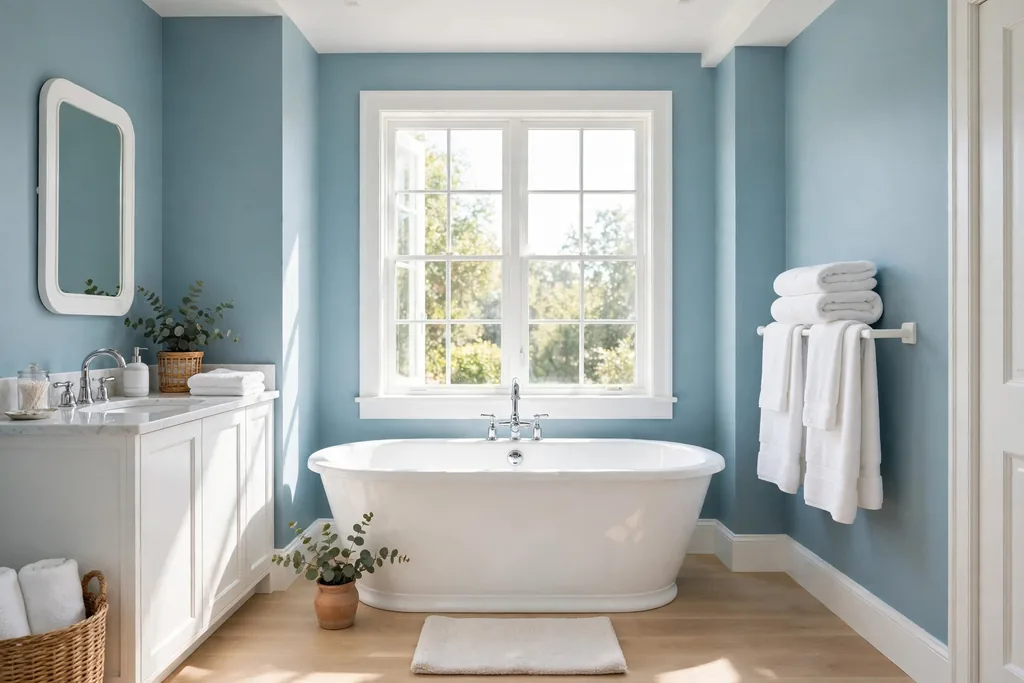 Bathroom with soft sea blue walls, white trim, and a white freestanding tub.